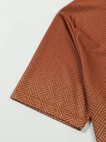 Set de 2 piezas Conjunto informal de vacaciones para hombres, camisa polo de cuello con cremallera con estampado floral de colores brillantes de verano + pantalones cortos, conjunto cómodo - Bronce - Ver 5