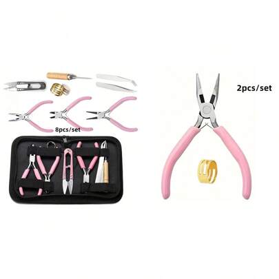 Yiwu Qiyou Accessories Co., LTD 8pcs/Set,2pcs/Set Valentine's Day Pink Senior Jewelry Making Tool Set, Includes Round Nose, Pointed Nose, And Wire Cutters, Non-Serrated Pliers For Beginners And Enthusiasts