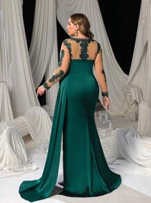 Faeriesty Plus Elegant Applique Detail Sheer Sleeves Satin Formal Evening Dress, Wedding Guest Dress, Party Dress,Gown - Dark Green - View 3