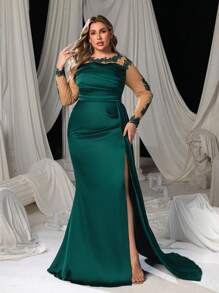 Faeriesty Plus Elegant Applique Detail Sheer Sleeves Satin Formal Evening Dress, Wedding Guest Dress, Party Dress,Gown - Dark Green - View 2