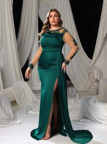 Faeriesty Plus Elegant Applique Detail Sheer Sleeves Satin Formal Evening Dress, Wedding Guest Dress, Party Dress,Gown - Dark Green - View 7