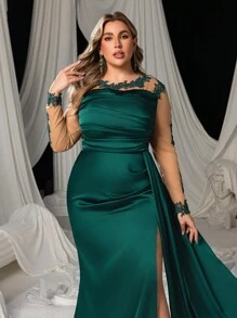 Faeriesty Plus Elegant Applique Detail Sheer Sleeves Satin Formal Evening Dress, Wedding Guest Dress, Party Dress,Gown - Dark Green - View 6