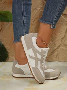 复古德式平底鞋，皮革拼布休闲运动鞋，圆头系带学生户外运动鞋，时尚百搭鞋，跑步鞋 - 灰色 - 查看 8