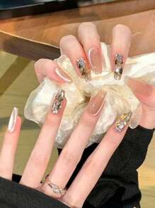 10pcs Coffin Shaped Extra Long Artificial Nails With Champagne Gold Catseye Rhinestone Glitter Design, Removable, Elegant Ballet Finger Style Nail Art Decor Stickers For Party, Wedding, Daily Wear, Includes 1pc Nail File