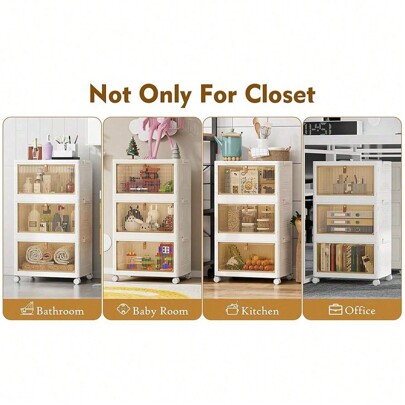 3/4/5/6 Packs Stackable Storage Bins Open Front – Foldable Storage Cabinet With Doors And Wheels - Portable Closet With Leather Handles - Collapsible