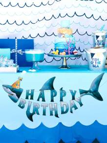 1 Set de Bandera con figura de tiburón, Conjunto de banderín con tema submarino para fiesta de cumpleaños, Banderines de papel con diseños de tiburón y elementos submarinos para decoraciones de fiesta de cumpleaños y decoración de habitación - Azul - Ver 4