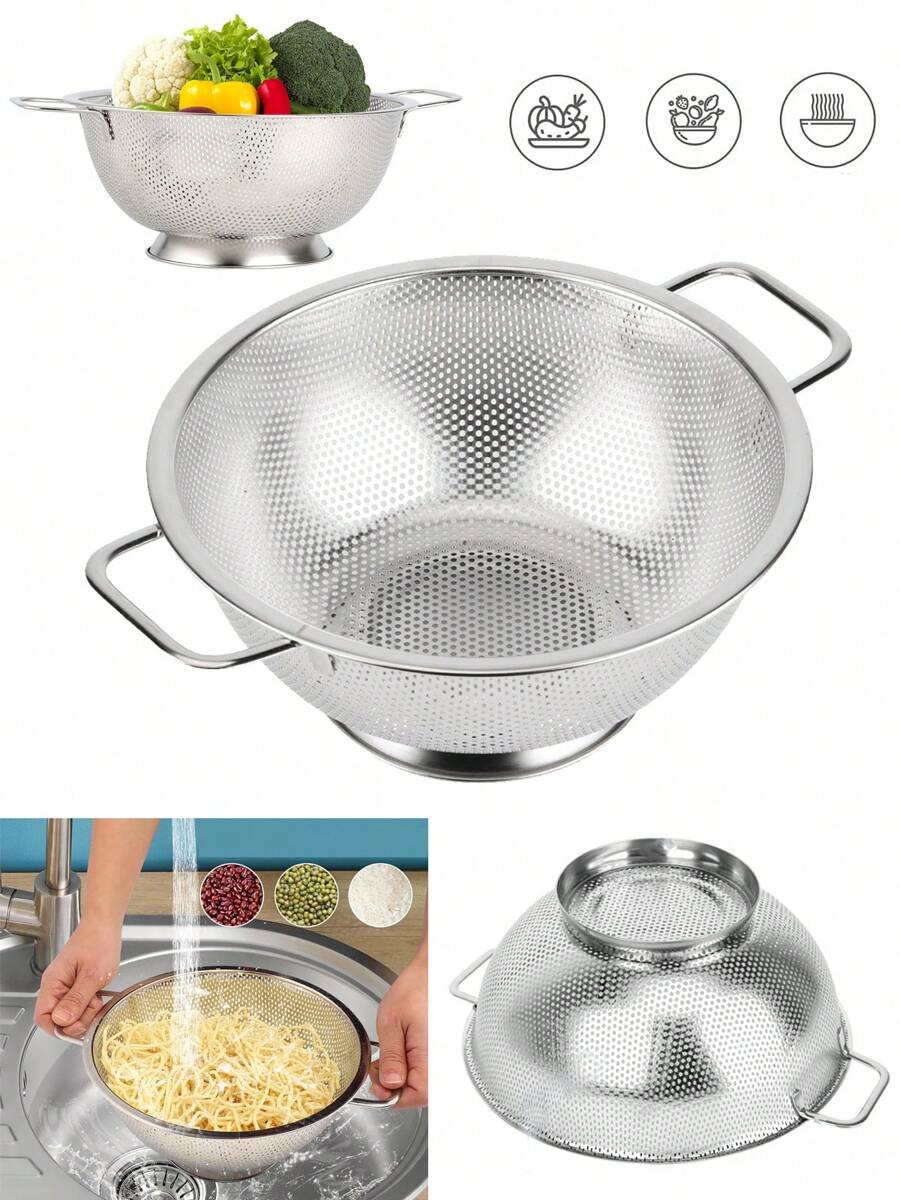 3 Quart Stainless Steel Colander With Handle,  Kitchen Food Strainer Basket For Pasta, Spaghetti, Berry, Fruit, Vegetable - Silver - View 1