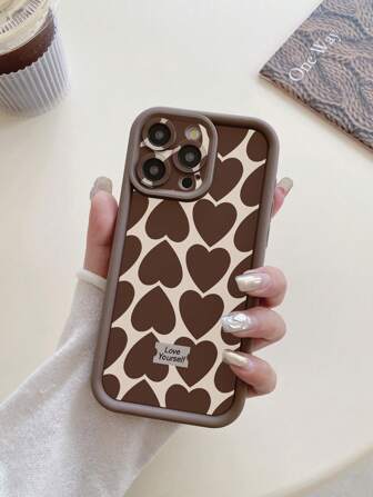 1pc Heart Pattern Camera Protection Shock Absorbing Coffee Brown Phone Case Compatible With IPhone 11 Pro Max/12 Pro Max/13 Pro Max/14 Pro Max/15 Pro Max/16 Plus/16 Pro Max, Galaxy A55/A15/S24 Ultra, Redmi, OPPO/Realme, VIVO, Infinix, Honor, One Plus Waterproof Anti-Fall Scratch Resistant