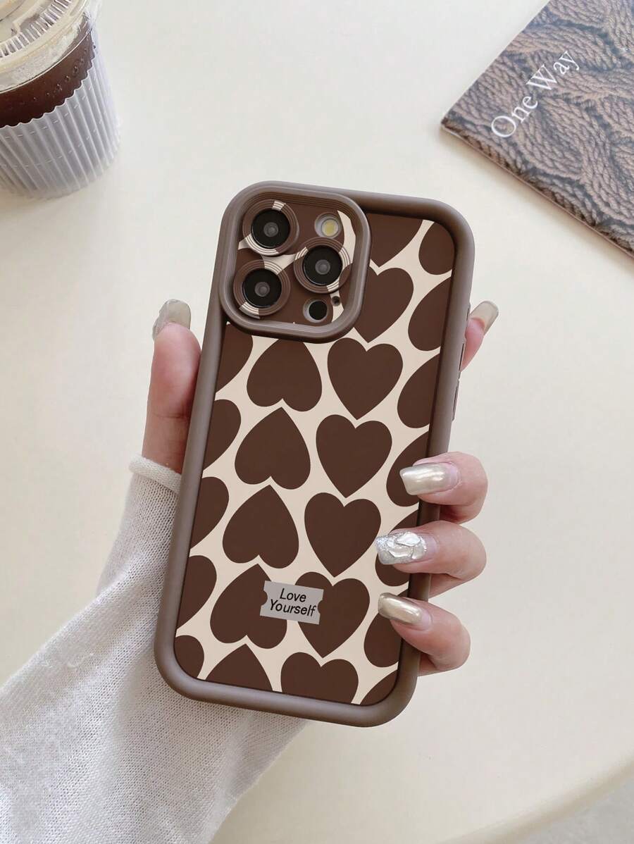 1pc Heart Pattern Camera Protection Shock Absorbing Coffee Brown Phone Case Compatible With IPhone 11 Pro Max/12 Pro Max/13 Pro Max/14 Pro Max/15 Pro Max/16 Plus/16 Pro Max, Galaxy A55/A15/S24 Ultra, Redmi, OPPO/Realme, VIVO, Infinix, Honor, One Plus Waterproof Anti-Fall Scratch Resistant