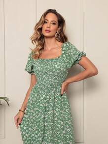 Long Dress With Puffed Sleeves Elastex Print - Green - View 3