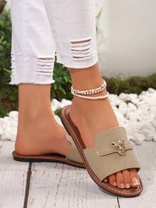 Women's Open Toe Flat Sandals With Metal Leopard Decoration, Strap Slip-On, Khaki Color, Elegant Casual Versatile Summer New Design Ladies Flats,Beach Outfits - Khaki - View 6