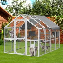Outdoor Cat House Cat Enclosures 110" Large Kitten Playpen With Platforms,Upgrade Waterproof Cover-Grew&White
