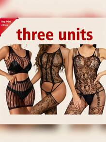 3pc Sexy Lingerie Jumpsuit, Open Crotch Exposed Breast Bra Mesh Set, Women's Jumpsuit And Sexy Lingerie Set