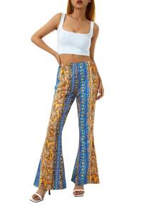 Women Retro High Waist Pants Slim Fit Casual Straight Floral Print Long Trousers