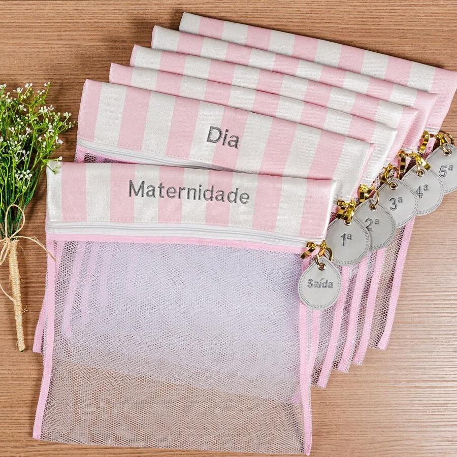Maternity Organizer Bag Kit 4 And 6 Units. Luxury Nylon - 粉紅色條紋 - 查看 1