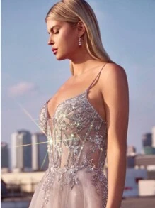 ALTA CALIDAD DE VESTIDO CON TUL CON CAPAS DE ENCAJE Y DETALLADO - silver-nude - Ver 3
