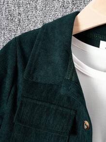 年轻男孩两件套灯芯绒街头休闲多口袋长袖衬衫和翻盖口袋裤套装，适合日常、聚会、度假、户外活动 - 墨綠色 - 查看 3