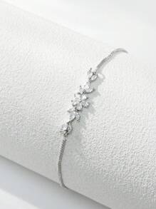 1pc Fashionable Copper Inlaid Zirconia Flower Bracelet Adjustable Pull-Out Bracelet Suitable For Women's Daily Dating Party Wear, Valentine's Day Jewelry Gift,Mom,Mother,Mother's Day,Gift - Antique Silver - View 1