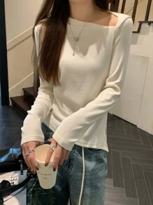 不对称领口贴身保暖长袖打底上衣 - 杏色 - 查看 4
