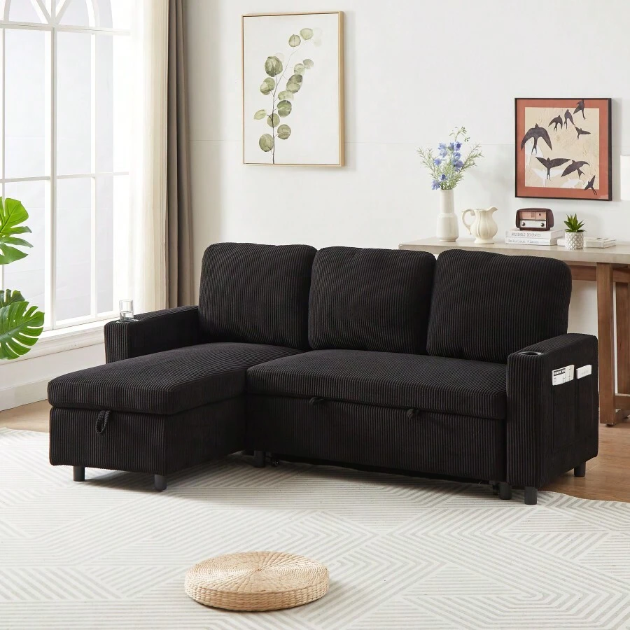 FX78.7" Comfortable Corduroy L-Shaped Combo Sofa Bed, Living Room Furniture Set For Tight Spaces, Reversible Sleeper Combo Sofa With Pullout Bed, Reversible Sofa Bed For Living Room, W1926S00010 - 彩色 - 查看 1