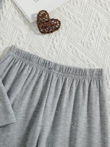Young Girl' Leopard Print Heart Sequin Short Sleeve Top And Pants Casual 2 Pieces Set, Summer - Grey - View 4