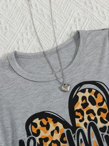 Young Girl' Leopard Print Heart Sequin Short Sleeve Top And Pants Casual 2 Pieces Set, Summer - Grey - View 3