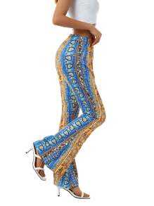 Women Retro High Waist Pants Slim Fit Casual Straight Floral Print Long Trousers