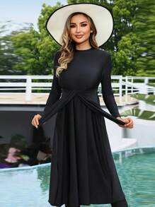 Costume da bagno modesto in 2 pezzi in maglia monocromatica, donna, con top a maniche lunghe e pantaloni lunghi, adatto per spiaggia e vacanza