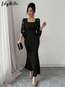 女士优雅改良腰袖拼接亮片面料美人鱼连衣裙，适合派对、新年等情人节礼服、女士晚礼服 - 黑色 - 查看 3