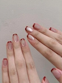 10pcs Short Square-Shaped French Burgundy Cat Eye Nail Art Sticker, Minimalist & Versatile, 3D Nail Decals For Elegant High-Quality Look, Reusable Nail Tips Suitable For Cosplay, Parties, Dates, Everyday Wear Nails For Valentine's Day Press On Nails