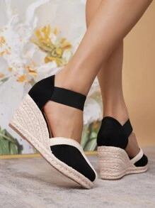 Women's Fashion Casual Vacation Woven Wedge Platform Slip-On Shoes - Black - View 4