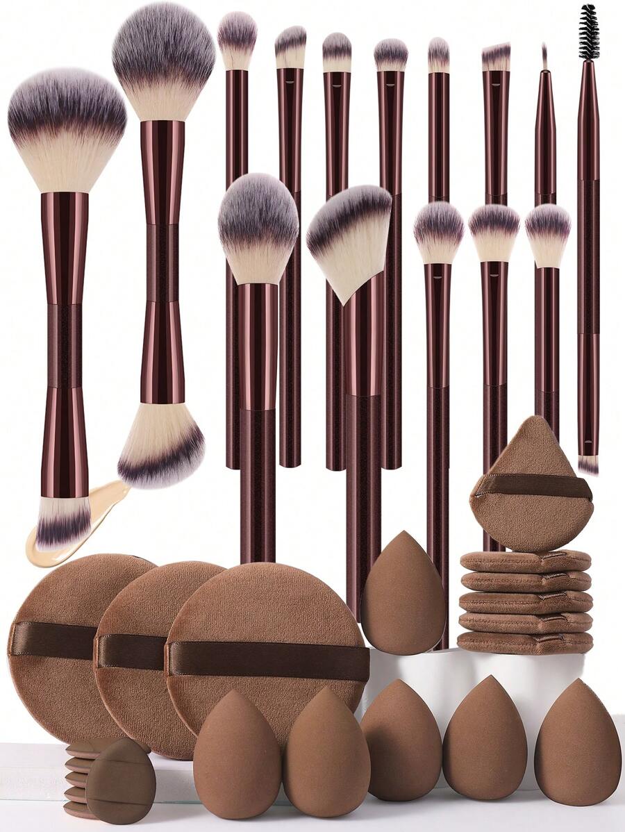 36pcs Makeup Brushes Set Includes 15pcs Soft Hair Makeup Brushes (Powder, Blush, Contour, Foundation, Nose, Eyeshadow, Eyebrow, Lip, Detail Brushes) + 6pcs Makeup Sponges (Liquid, Powder, Round) + 6pcs Finger Puff + 6pcs Triangle Powder Puff + 3pcs Round Powder Puff