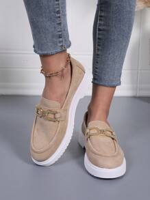 女士厚底乐福鞋，黑色，设计感十足，舒适平底一脚蹬乐福鞋，软底办公船鞋，圆头防滑休闲平底鞋 - 棕色 - 查看 3