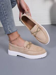 女士厚底乐福鞋，黑色，设计感十足，舒适平底一脚蹬乐福鞋，软底办公船鞋，圆头防滑休闲平底鞋 - 棕色 - 查看 6