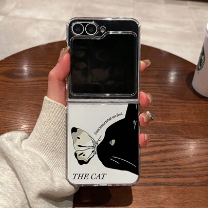 Transparent Black Cat & Butterfly Pattern Phone Case Compatible With Samsung Galaxy Z Flip3 / Z Flip4, Lightweight & Thin Protective Cover Case For Z Flip 5 Foldable Phone Waterproof Shockproof Anti-Fall Scratch Resistant