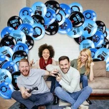 18pcs Video Game Party Balloons Set - Black & Blue Latex, Ideal For Teenage Gamer Birthday