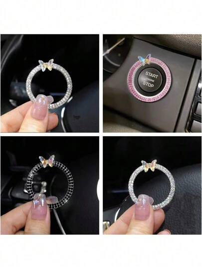 Bling Ring Emblem Car Accessories - Artificial Crystal Rhinestone Ring For Car Buttons And Knobs, One-Touch Start Button, Key Ignition Starter And Button Ring