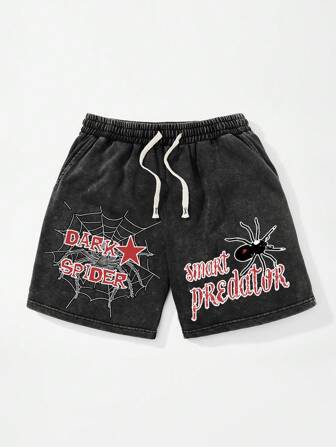 Shwiy Casual spindelnät och stjärnbrev för män tryckta Capri-shorts med tvättad effekt med distressed effekt, lämpliga för skola och dagligt bruk