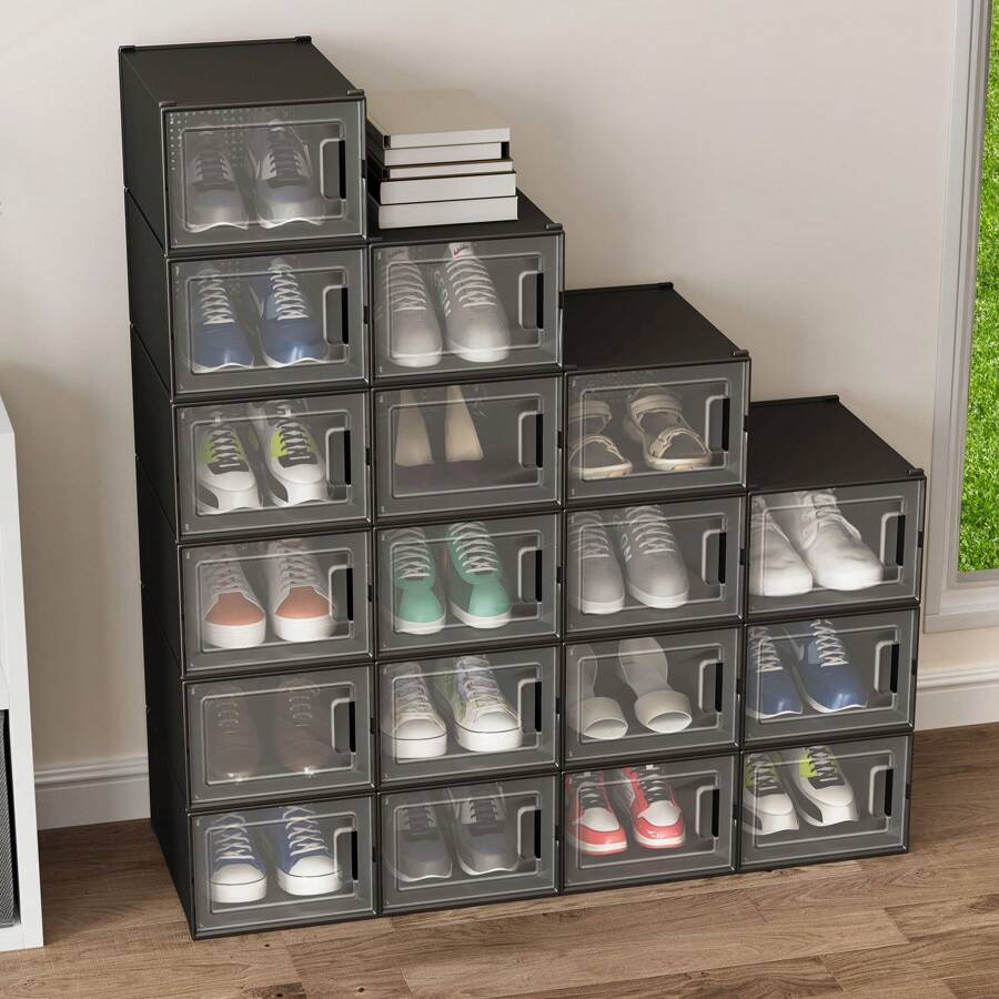 18 Pack Transparent Shoe Box With Lid, Shoe Storage Box, Stackable Clear Plastic Shoe Organizer Box, Space Saving Storage Organizer, Suitable For Hallways, Bedrooms, Homes - Black - View 1