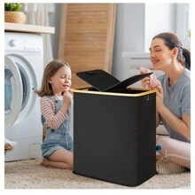 Laundry Basket With Lid, Bamboo Handle Laundry Basket And Removable Laundry Bag, Large Foldable Laundry Basket For Bedroom, Bathroom, Dorm, Laundry Room Laundry Hamper, Washing Basket Bathroom Organizer, Basket, Storage Basket, Foldable Laundry Basket
