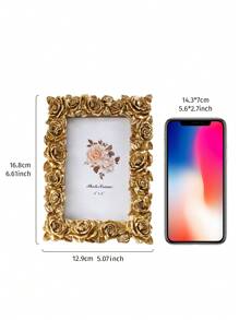1 pieza Marco de fotos decorativo vintage europeo dorado con flores, marco de fotos de rosa, marco de sobremesa dorado, marco de fotos tallado, marco decorativo, marco de fotos, marco de imagen, marco de exhibición de fotos para el hogar, uso horizontal y vertical, con 1 papel insertado al azar, para exhibición de fotos y decoración del hogar - Dorado - Ver 7