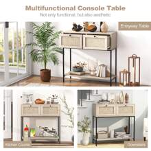 Homasis Console Table Entryway Table Long Sofa Side Table W/ Open Shelf & Rattan Drawers - Oak - View 8