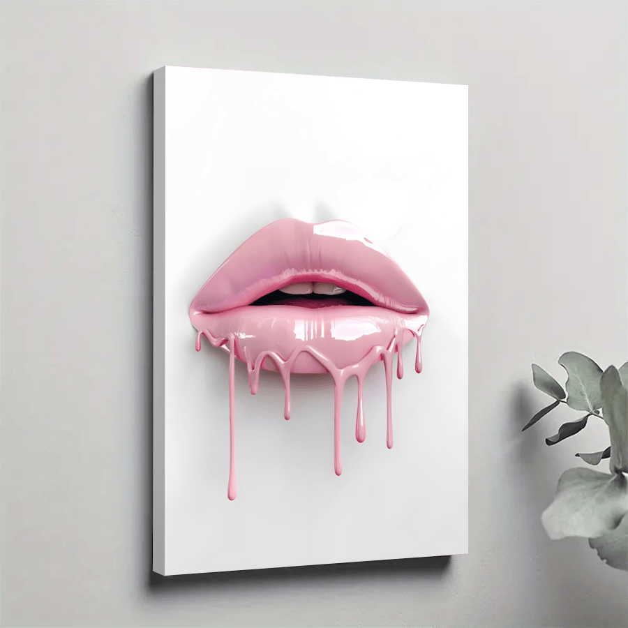 1pc Framed Canvas Poster, Pink Drip Lips Girl Preppy Decor Wall Art Canvas Paintings, Ideal Gift For Bedroom Living Room Corridor, Wall Art, Room Decoration