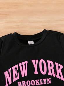 2pcs Little Girls Short Sleeve T-Shirt And Shorts Set With English Letter Print, Black & Pink, Summer - Black - View 4