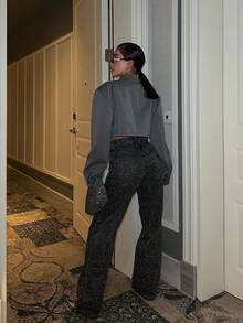 SQUALO Women's Sexy Dark Gray Wash Jeans With Glittery Leopard Pattern For Going Out - Dark Grey - View 10