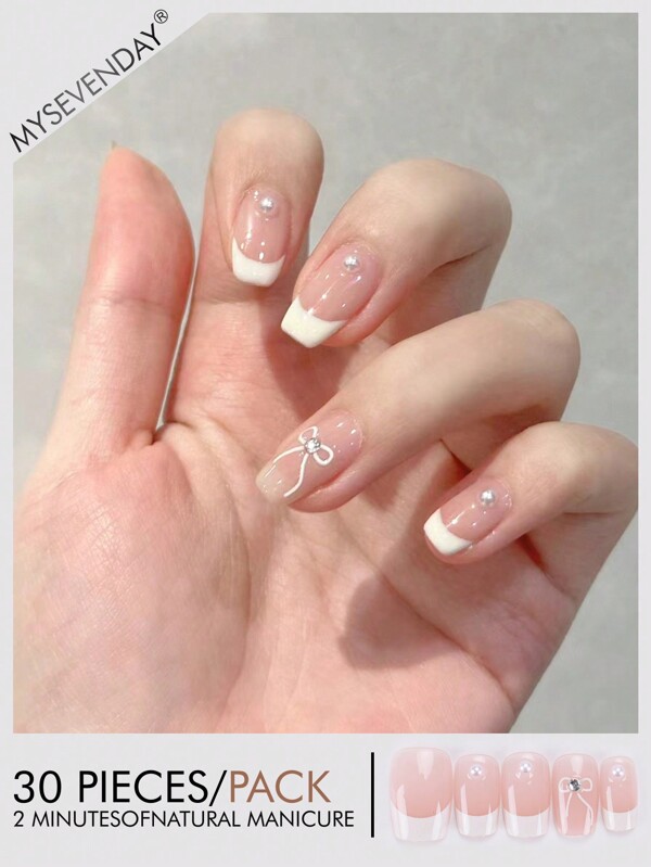 30 Pieces Of Short Coffin Shaped Pressed Fake Nail Patches, White Pearl Bow Sweet Japanese And Korean Style Women's Fingernail Patches, Matched With 1 Piece Of Jelly Glue And 1 Piece Of Rubbing Strip, Suitable For Women's Parties, Dances, Daily Casual Wear, Detachable And Reusable Wear Press On Nails
