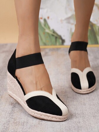 女士时尚休闲度假编织坡跟厚底便鞋