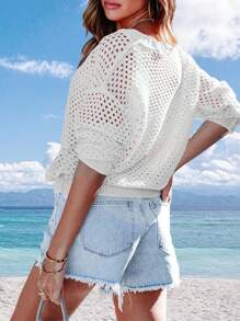 Suéter de cuello redondo de crochet atractivo para mujer de ColorWeave, ligero, ahuecado, de manga larga, tejido - Blanco - Ver 2