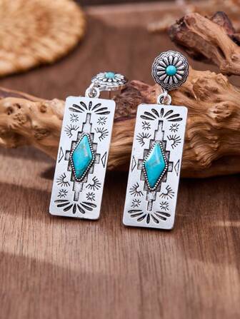 MONLOTTI 1 对复古西部图腾矩形银色金属仿旧绿松石南瓜图案组合耳环，波西米亚西部风格女士珠宝，日常佩戴/珠宝礼物