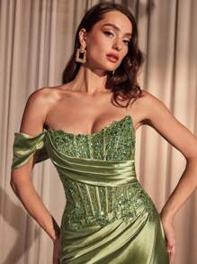 ALTA CALIDAD DE VESTIDO DE SATIN CON CORSET Y COPA DURA - Greenery - Ver 4